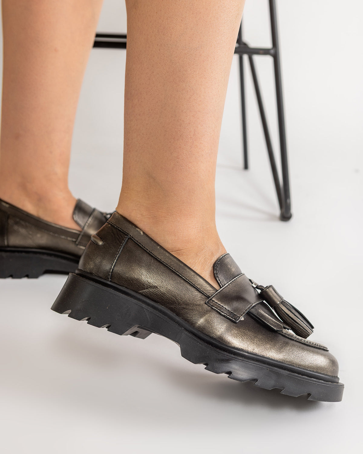 Pantofi Mocasini Tassel Piele Metalizata Bronz