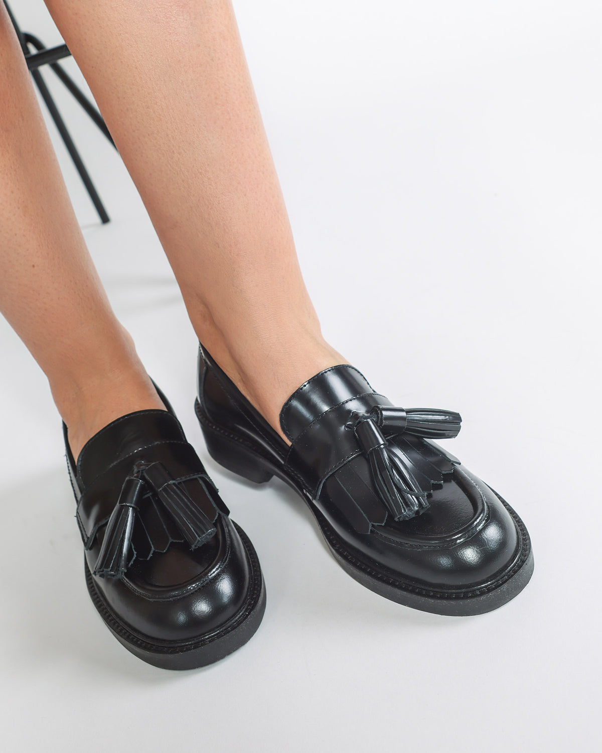 Pantofi Mocasini Tassel Piele Metalizata Neagra