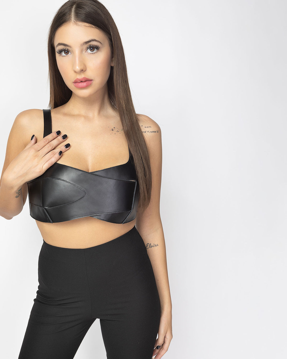 Top negru din piele naturala Overlay