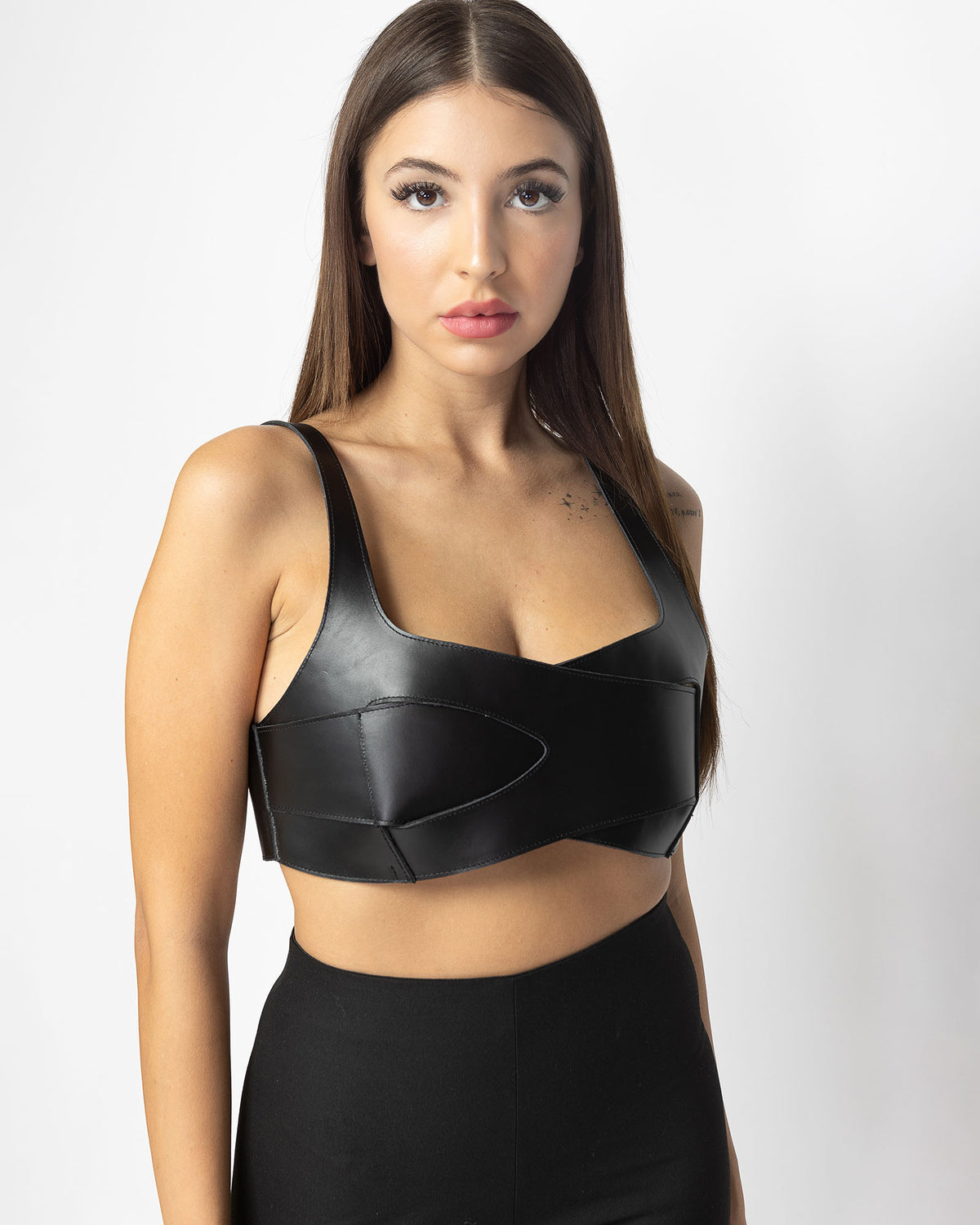 Top negru din piele naturala Overlay