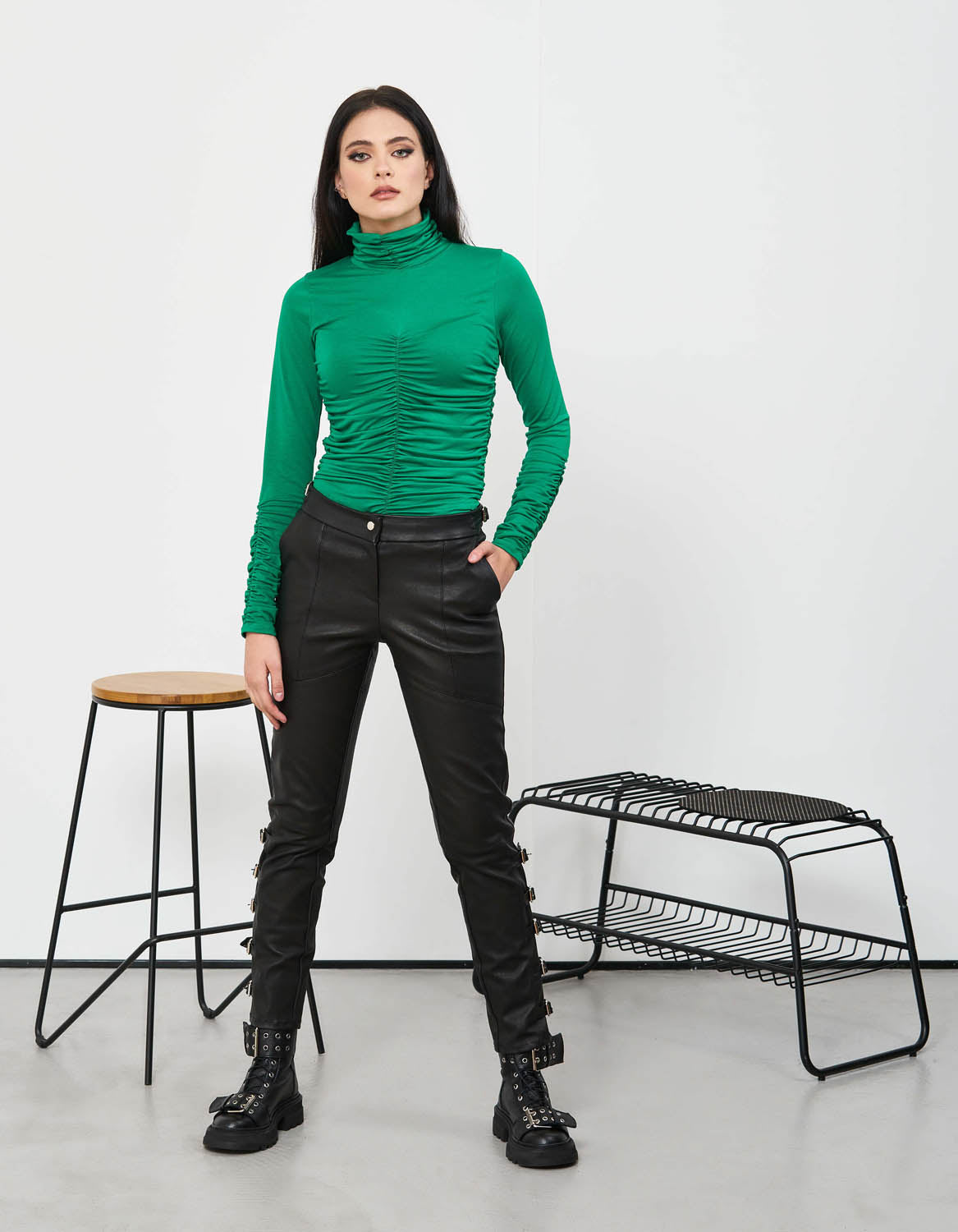 Pantaloni din piele naturala stretch Buckle - MOJA