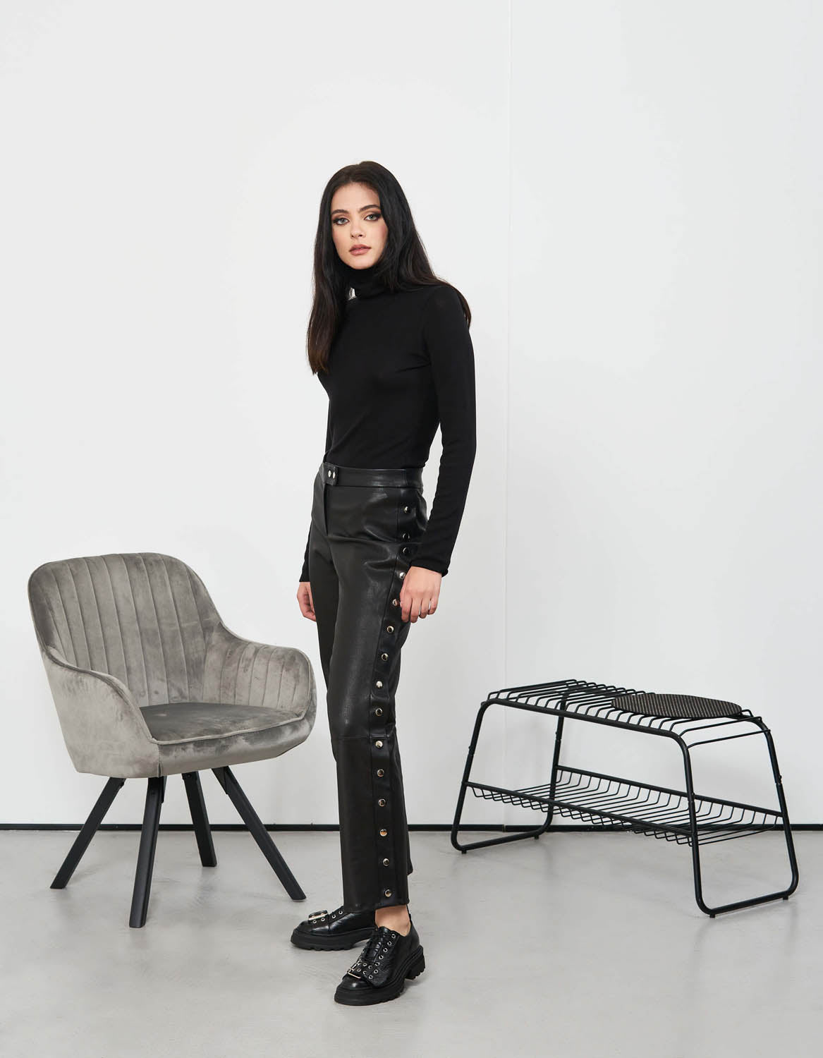 Pantaloni din piele naturala stretch Button - MOJA