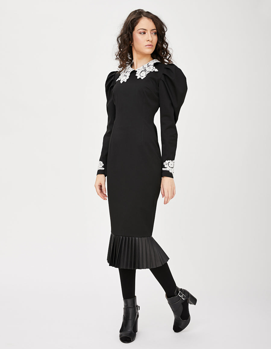 Rochie midi neagra cu piele - MOJA