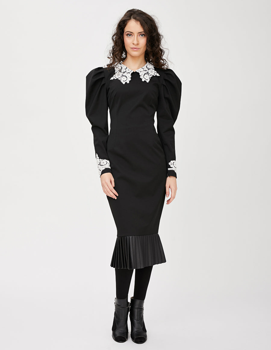 Rochie midi neagra cu piele - MOJA