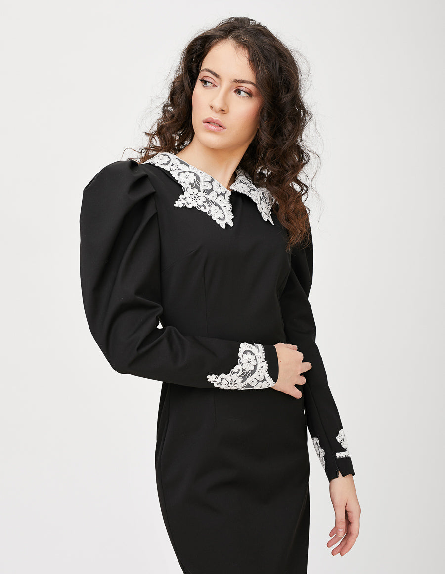 Rochie midi neagra cu piele - MOJA